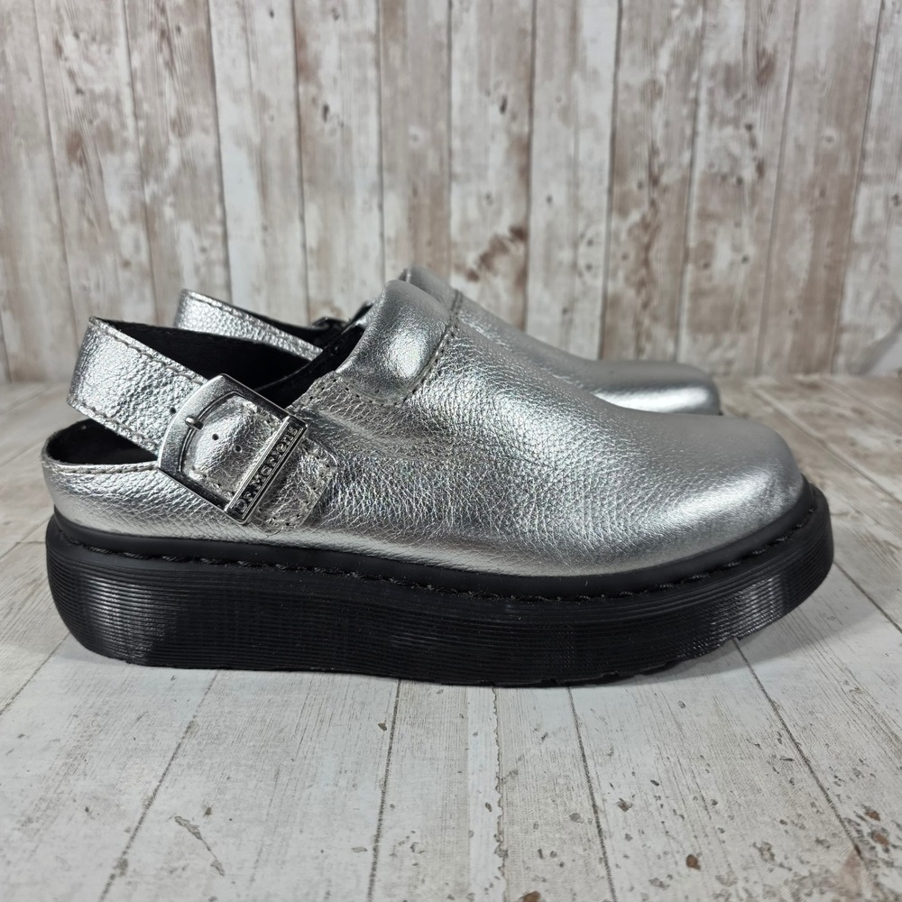 Dr. Martens Laketen Silver Metallic Leather Platform Clogs Mules Womens 9 UK 7